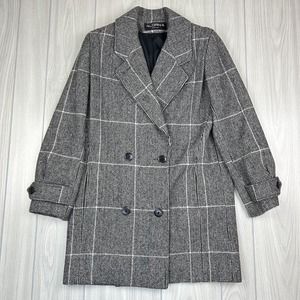 Vintage 80s Alorna Gray Herringbone Double Breasted Wool Coat USA Womens Medium